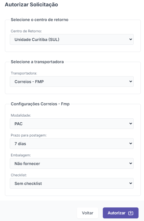 Autorizando uma solicitação com etiqueta dos Correios