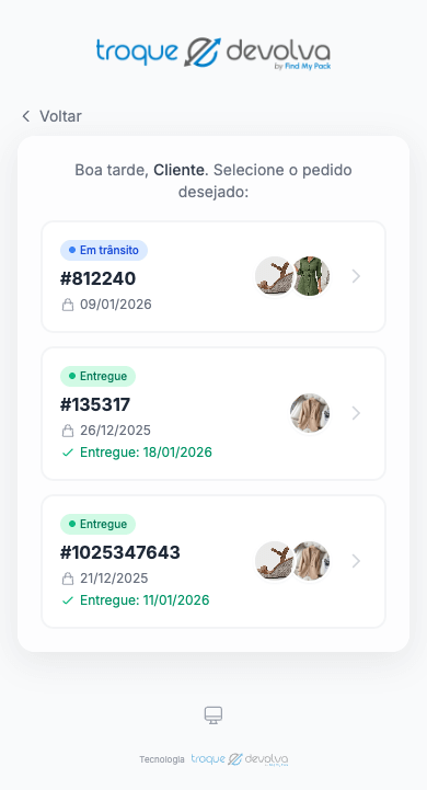 Central do Cliente mobile - lista de pedidos