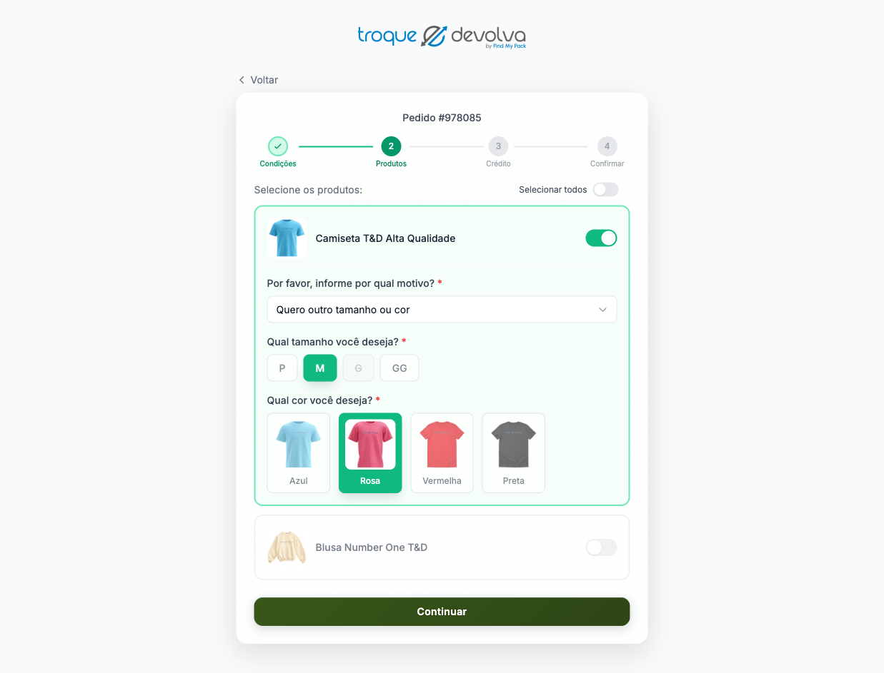 Sistema de Trocas - Seleção de tamanho e cor