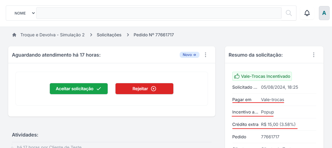 Solicitação com incentivo de trocas na Troque  Devolva