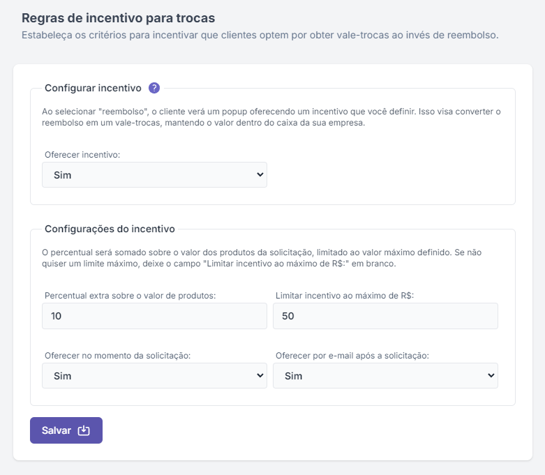 Tela da Troque  Devolva de incentivo para Trocas