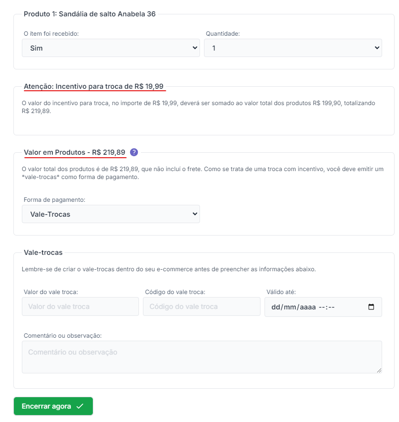 Solicitação com incentivo de Troque na Troque  Devolva