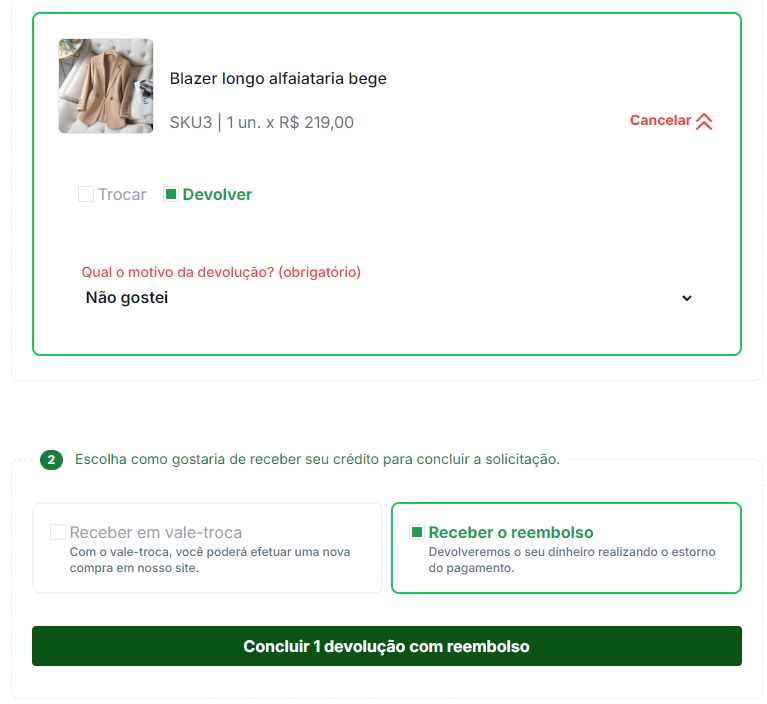 Tela da Troque  Devolva de devolução com reembolso