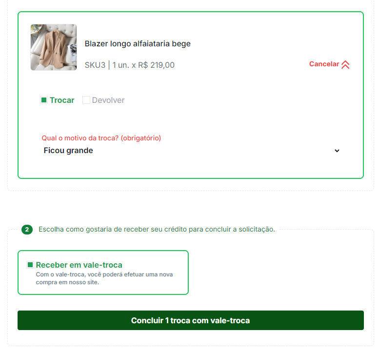 Tela da Troque  Devolva solicitando troca