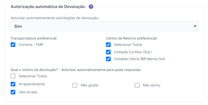 Tela de configuração de autorização automática, no painel Troque  Devolva.